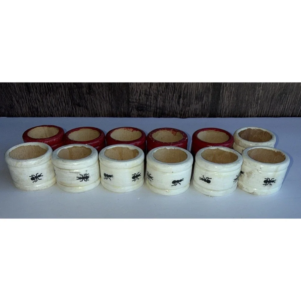 Set- 12 Vintage Ant Napkin‎ Rings Red An White Picnic Vibe